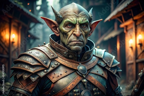 Cinematic photo of a goblin fantasy character in leather body armor, goblin, fantasy, character, leather, body armor