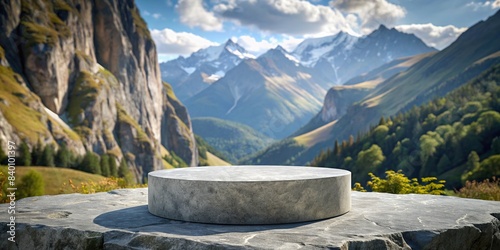 Rough stone podium display for product showcasing in a mountain backdrop setting , pedestal,stone, backdrop, display, mountain, rough, rock, product, showcase, podium, stock photo, backdrop