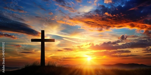 Sunset silhouette of Christian cross against easter religious background, Sunset, silhouette, Christian, cross, easter, religious, background, symbol, faith, belief, spirituality, tranquil, sky