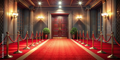 Luxurious VIP entrance with red carpet, exclusive, elegant, upscale, high-end, lavish, posh, extravagant, glamorous, entrance, event, fancy, VIP, luxury, red carpet, plush, grand