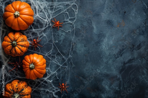 A darkly festive Halloween stage set with cobwebs, pumpkins, and diminutive black spiders to the left; high-resolution perfection with space for text on the bottom right.