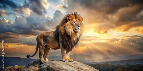 Majestic lion standing on a rock in the wilderness, lion, king, beast, wilderness, majestic, rock, nature, mane, predator, safari, wild, powerful, strength, majestic, fierce, majestic