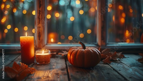 Evoking the enchantment of All Hallows' Eve, this display features pumpkins and candles on a wood table, with an autumn forest's lights blurred beyond, poised for ad banners.