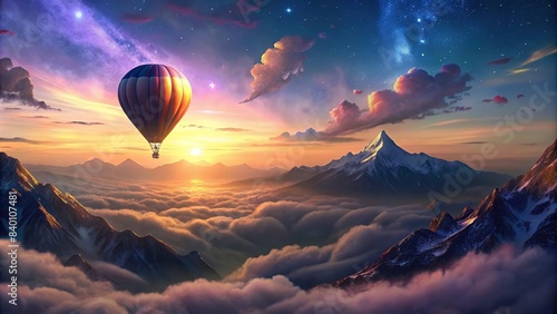 Hot air balloon soaring over majestic mountains and fluffy clouds , adventure, travel, aerial, landscape, scenic, panoramic, sky, freedom, exploration, journey, vacation, tranquility