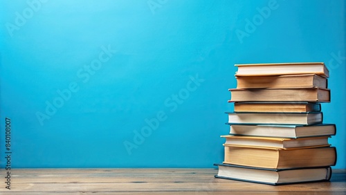 Stack of various books on blue background representing education and learning, study, school, books, knowledge, teaching, academic, textbooks, study materials, library, intelligence