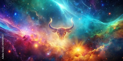 Taurus zodiac sign floating in space with a vibrant nebula background, Taurus, zodiac, space, nebula, astrology, cosmic, celestial, stars, galaxy, horoscope, constellation, universe