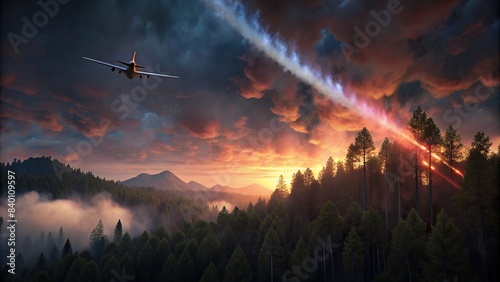 Airplane dropping fire retardant over a forest at sunset , aerial, wildland fire, emergency response, aerial firefighting, conservation, environmental protection