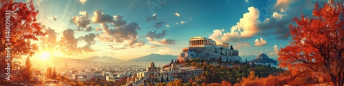 Ancient Athens is surrounded by trees and mountains at sunset
