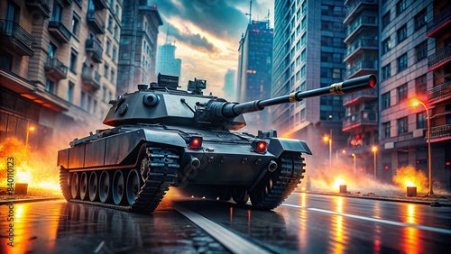 Intense and dramatic black tank with red lights driving through city streets , tank, black, red lights, city, street, buildings, streetlights, intense, dramatic, military, vehicle, war