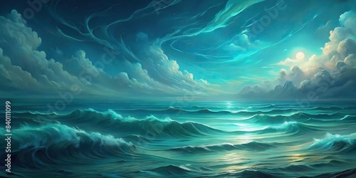 Surreal turquoise seascape with dynamic waves and ethereal clouds, creating a serene atmosphere , digital art, abstract, seascape, turquoise, waves, clouds, surreal, serene, atmosphere