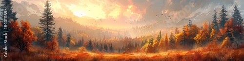 Painting forest sunset with sky, cloud, atmosphere, sunlight