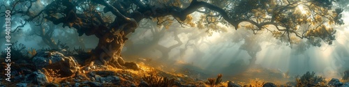 Sunlight penetrates the foggy forest through the branches of trees