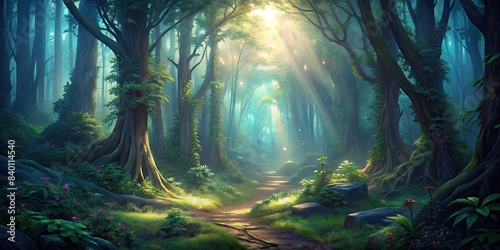 Enchanting mystic deep forest scene with sunlight filtering through dense trees , mystical, nature, wilderness, magical, serene, woodland, mysterious, foggy, atmospheric, ancient, remote