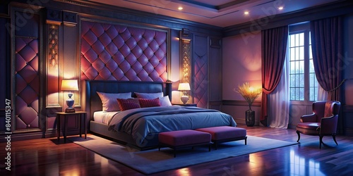 Sophisticated boutique hotel-style bedroom with plush upholstered headboard , luxury, elegant, interior design, upscale, comfortable, modern, chic, cozy, stylish, relaxation, ambiance