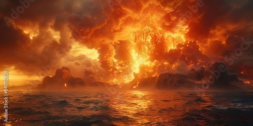 Volcanic eruption at sea with water, clouds, atmosphere, landscapes keywords