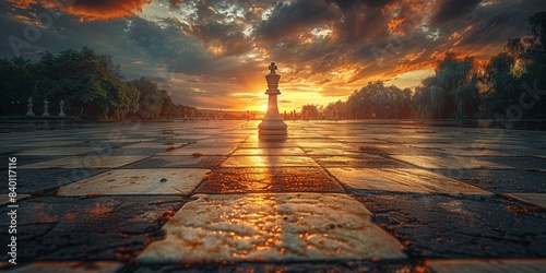 King chess piece on a chessboard at sunset with a golden sky backdrop
