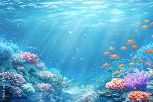 Numerous fish swim in vast ocean under bright blue water