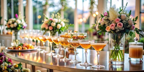 Elegant cocktail wedding setting with classy decor and drinks , chic, sophisticated, luxurious, classy, stylish, romantic, intimate, upscale, celebration, elegant, minimalistic, refined