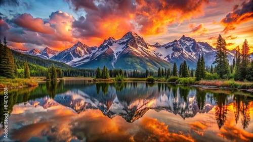 Mountain landscape with vibrant sunset colors reflecting on snow-capped peaks , mountains, sunset, landscape, colorful, peaks, snow, nature, dusk, twilight, sky, horizon, beauty, tranquil