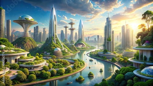 Enchanting landscape of advanced utopian city with natural elements and futuristic architecture, utopian, cityscape, futuristic, architecture, harmony, landscape, nature, advanced