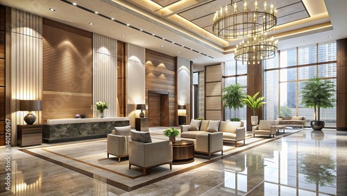 Elegant modern lobby with neutral aesthetics , minimalistic, sophisticated, sleek, contemporary, interior design, stylish, upscale, classy, chic, clean, luxury, spacious, refined, minimalist
