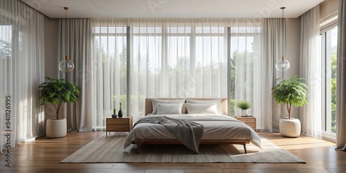 Minimalist bedroom with sheer curtains and natural light, minimalist, bedroom, sheer curtains, natural light, modern, interior design, simple, clean, peaceful, serene, minimalist decor