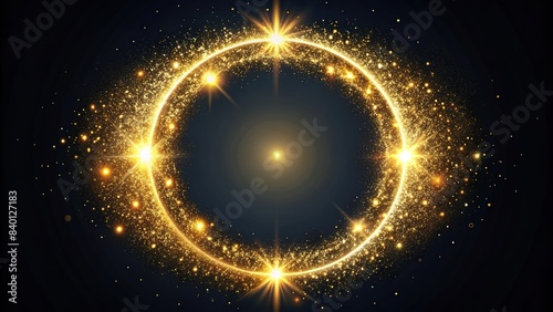 Gold glitter circle of light shine sparkles and golden spark particles in circle frame on black background. Christmas magic stars glow, firework confetti of glittery ring shimmer , gold