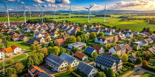 Aerial view of an eco-friendly city powered by solar, wind, and geothermal energy sources, green industry, clean energy, renewable energy, carbon footprint reduction, eco-friendly city