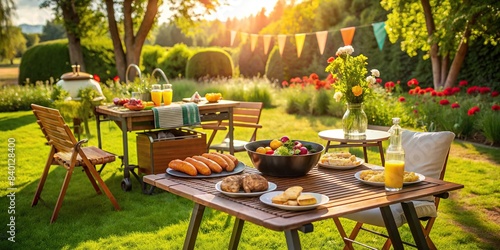 Sunny backyard barbecue scene with grill, table of food, and lawn chairs , BBQ, summer, party, friends, grilling, food, cookout, outdoors, backyard, sun, relax, casual, warm, afternoon, fun