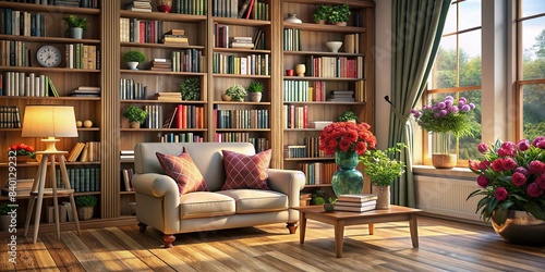 Image of a cozy living room with a bookshelf, flowers, and a comfortable armchair , cozy, homey, inviting, serene, peaceful, casual, warm, welcoming, bright, comfortable, cozy, tranquil