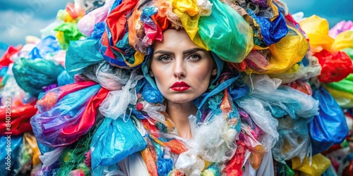 Upcycled fashion with colorful plastic bags, activist for climate change, gorpcore trend with trash, futuristic clothing made from recycled materials , moda, upcycling, plastic bags, colors