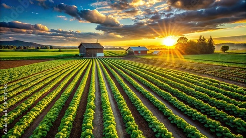 Sprawling farm with rows of green crops under the sun , agriculture, nature, bounty, farmland, rural, harvest, abundance, growth, landscape, serenity, agricultural, countryside, beautiful