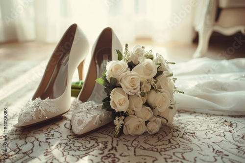 Bouquet, shoes, bed, window