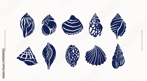 Large collec􀆟on of shells, linocut. Empty shells of different shapes: coils, spirals. Ancient mollusks on a light background. Vector illustra􀆟on of sea and ocean fauna.