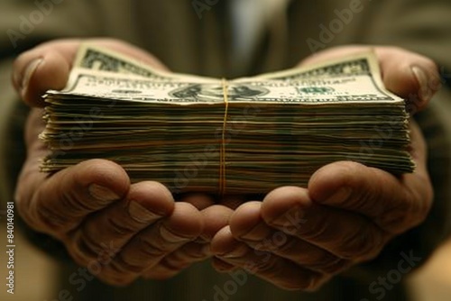 Person grasping bundle of cash