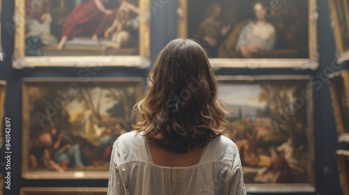 View from behind of a woman in adulthood admiring paintings in an ancient museum art gallery