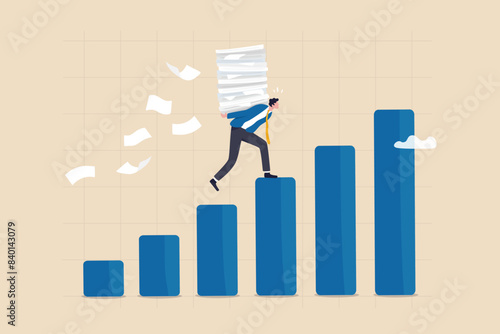 Effort or hard work to success, work burden or heavy pressure weight, challenge to climb career ladder, motivation or efficiency concept, businessman carry heavy document paper step on growth graph.