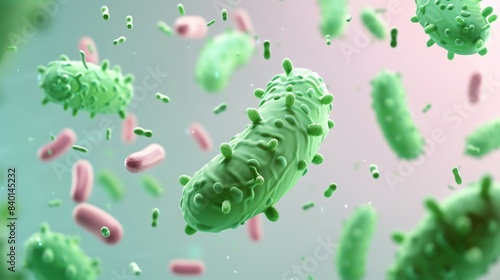 Microscopic view of various bacteria floating in a green gradient, showcasing the intricacies and details of bacterial structure.