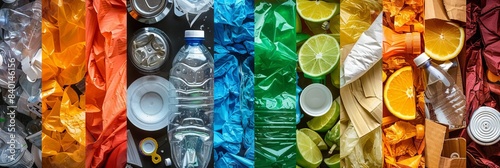 A collage of various recyclable materials including plastic, cardboard, and glass, emphasizing the global effort to reduce waste