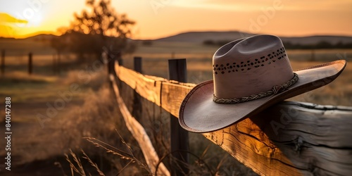 Rustic outdoor scene with cowboy hat against wooden fence at sunset. Concept Outdoor Photoshoot, Rustic Theme, Cowboy Hat, Wooden Fence, Sunset Setting