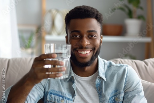 Smiling Young African American Man Giving Glass With Mineral Water At Camera, Happy Handsome Black Male Offering Refreshing Drink, Enjoying Healthy Beverage While Resting On Couch At Home focus on gla