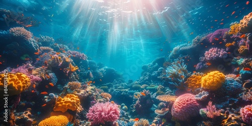 Sunlight filters through water, illuminating vibrant coral reef below