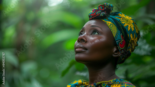  African woman with a colorful headwrap and a joyful expression