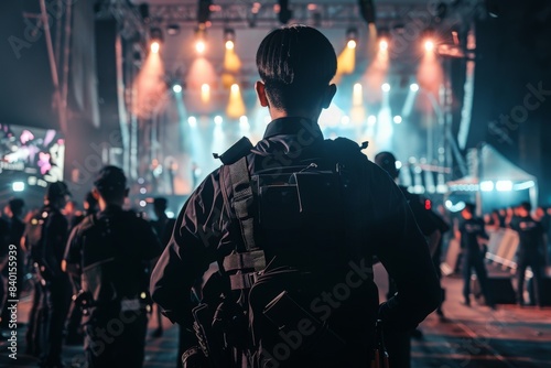 Rear View Of Security Team At Outdoor Stage For Music Festival Or Concert