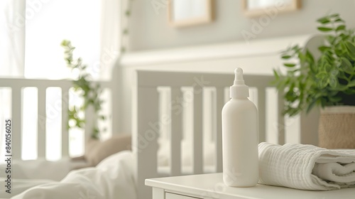 Blank Label Baby Lotion: A baby lotion bottle with no label next to a crib.