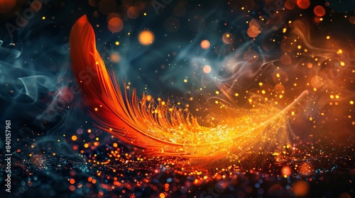 Vibrant feather on fire, surrounded by glittering particles, creating a magical and mysterious atmosphere
