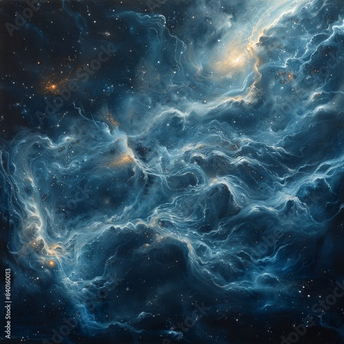 Painting showing blue galaxy with many stars and celestial objects