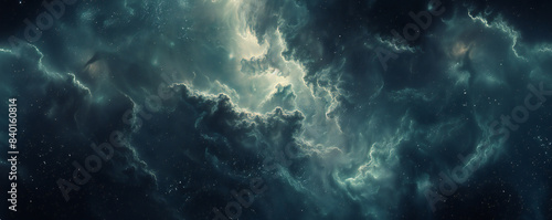 mesmerizing image of a nebula in deep space, featuring dark blues and greens with bright highlights. The swirling patterns and light details create a dynamic and ethereal scene, capturing the mystery