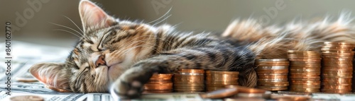 A tranquil feline naps amid stacks of coins and bills, symbolizing wealth and comfort, perfect for financial or luxury pet product themes