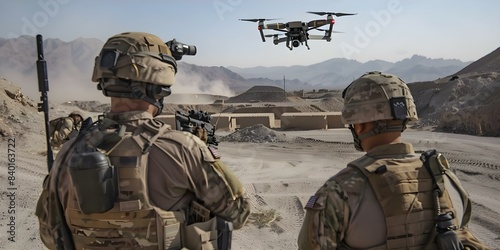 Two soldiers observe a drone hovering above them in a desert. Concept Military Operation, Surveillance Drones, Desert Landscape, Army Soldiers, Technology in Combat